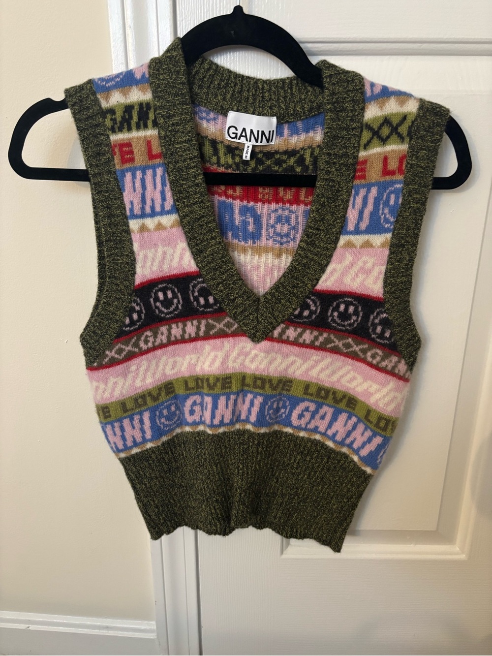 Ganni Olive Multi-Pattern Knit V-Neck Sweater Vest